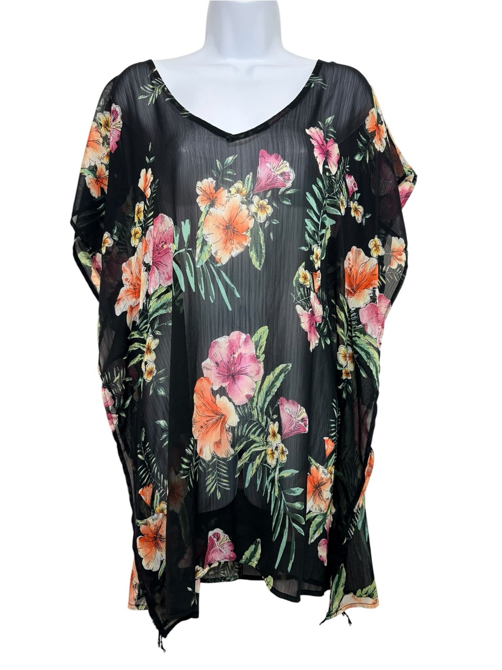 Kona Sol Black Sheer Floral V-Neck Swim Coverup with Pink & Orange Flowers